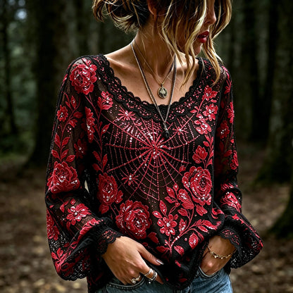 Women's Halloween-themed Spider And Rose Floral Sequin Embroidered Print Top