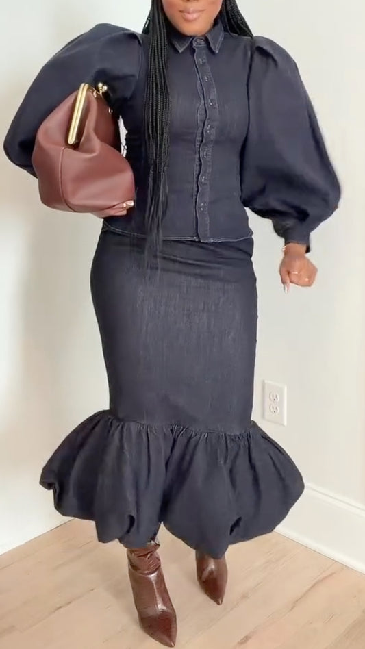 Lapel Puff-Sleeve Top + Fishtail Skirt Set