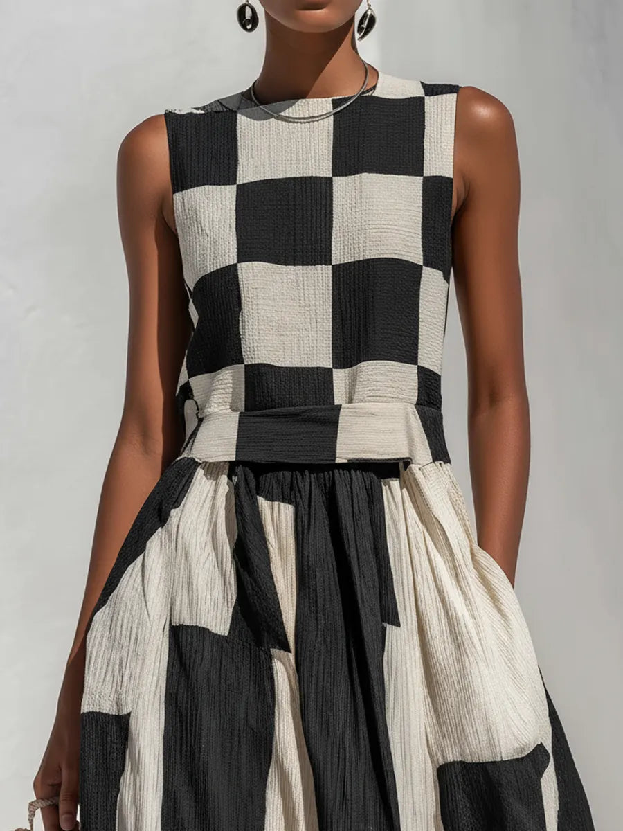 Fashionable Check And Stripe Pattern Sleeveless Maxi Dress