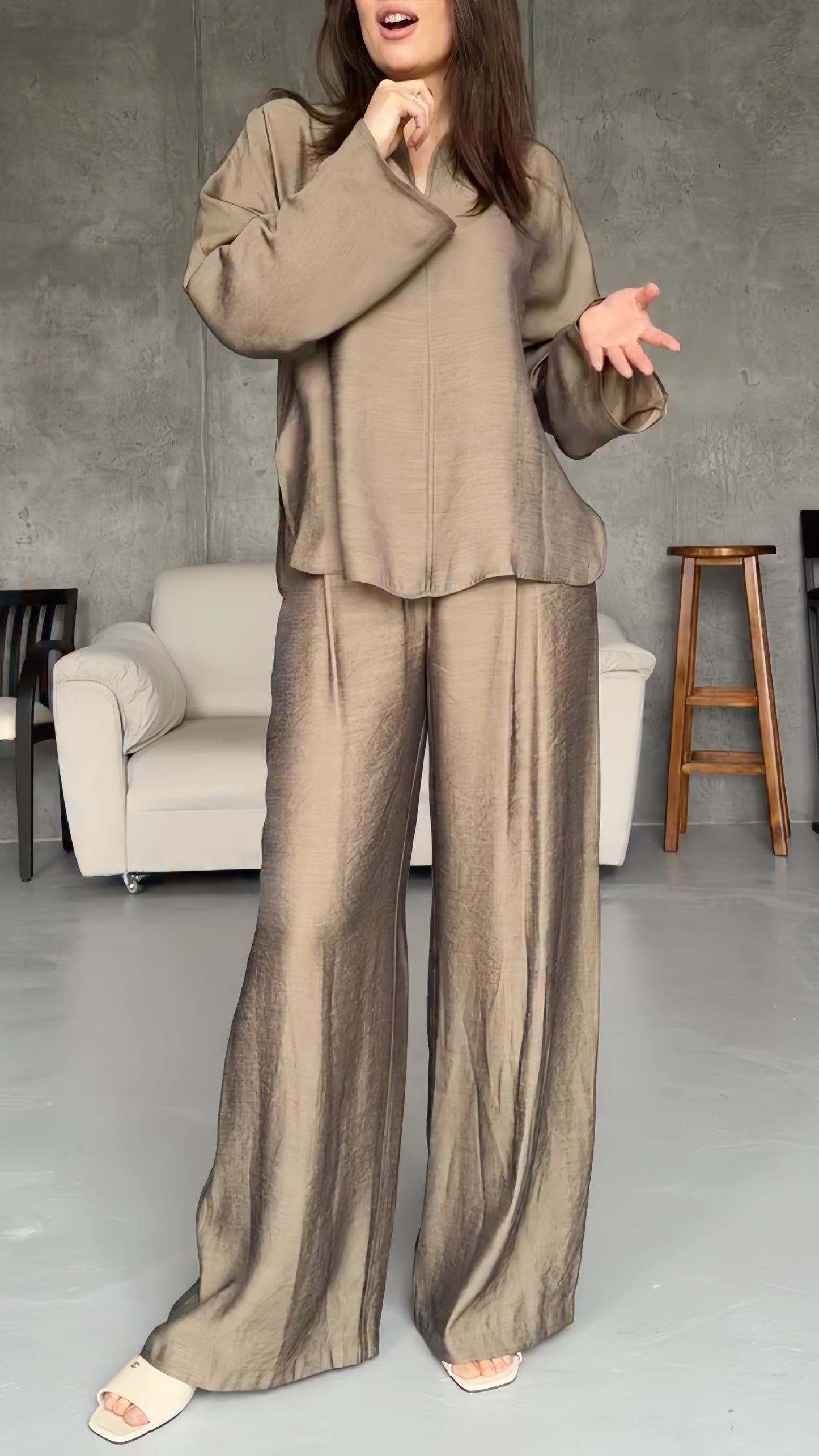V-Neck Blouse & Pleated Wide Leg Pants Co-Ord Set