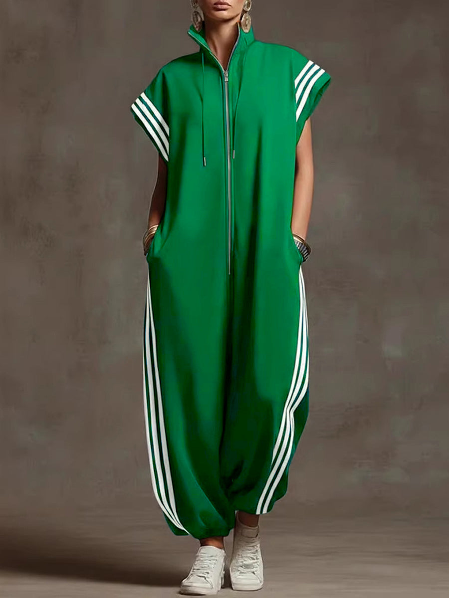 Striped Sleeveless Zipper Oversized Jumpsuit