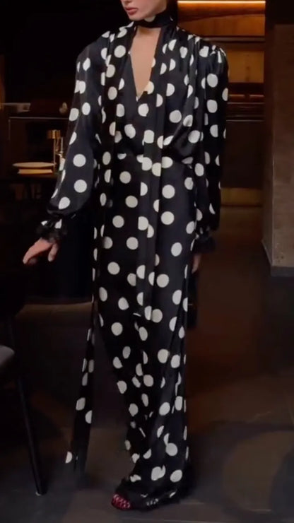 Women's V-Neck Polka Dot Satin Maxi Dress