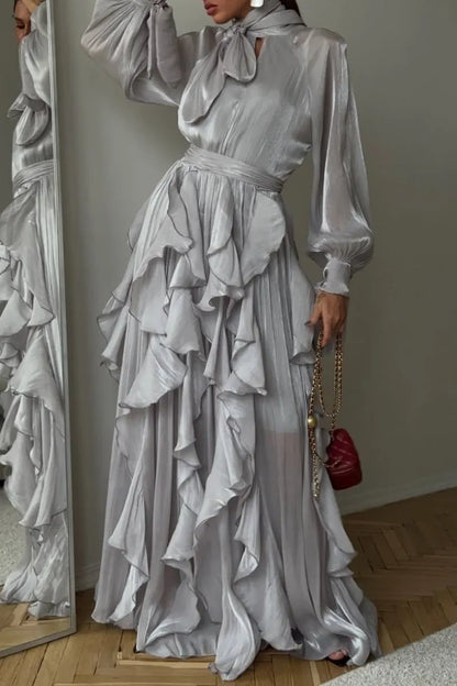 Silver Grey Tie Neck Ruffle Hem Chiffon Maxi Dress