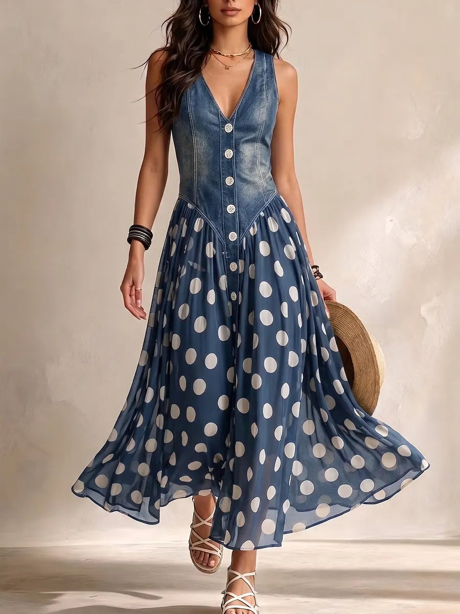 Stylish Casual Sleeveless Denim Dress With Polka-dot Chiffon Paneling