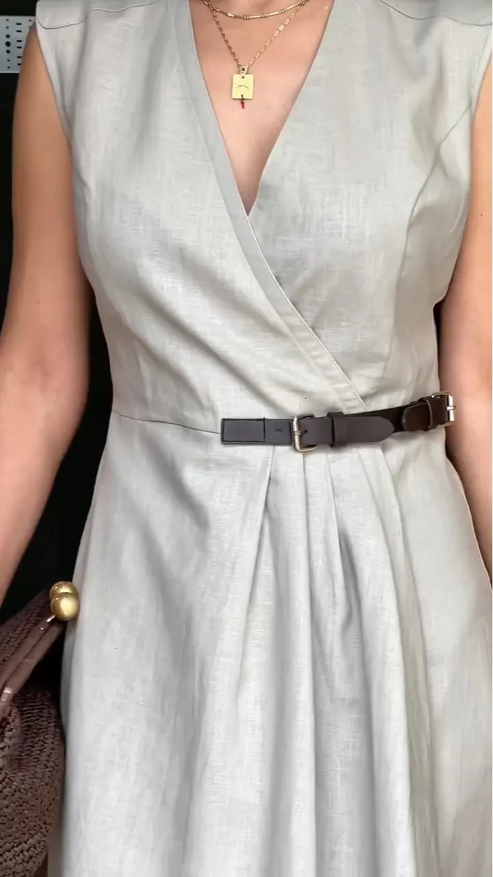 Beige Sleeveless Wrap Midi Dress with Belt
