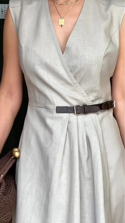 Beige Sleeveless Wrap Midi Dress with Belt