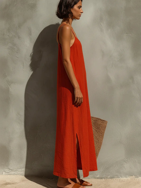 Linen Spaghetti Strap Maxi Dress with Square Neck