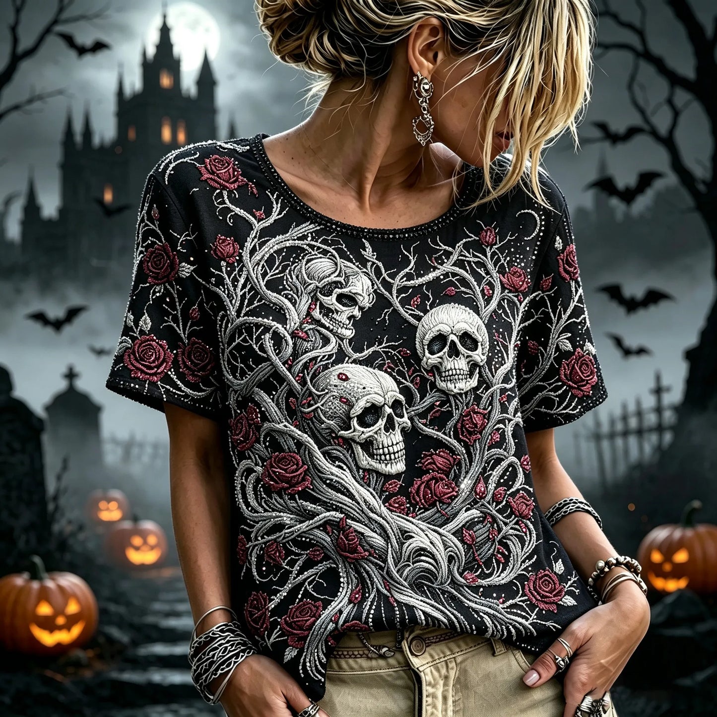Women's Retro Halloween Skull Floral Art Casual Crew Neck Short Sleeve T-shirt
