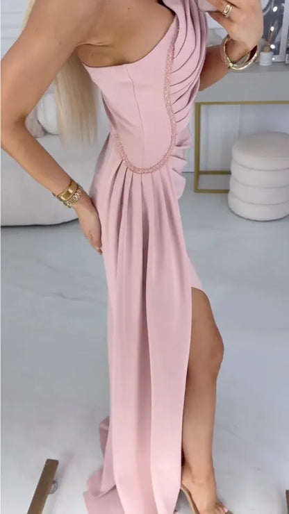 Flower Applique Side Slit Evening Gown Midi Dress