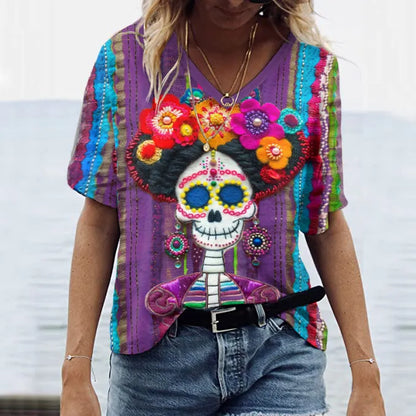 Classic Mexican Sugar Skeleton Catrina Day Of The Dead Inspired Painting V-Neck T-Shirt