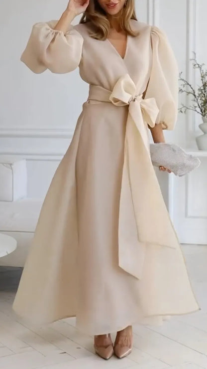 Two Piece Champagne Satin Midi Dress with Organza Puff Sleeve Cardigan