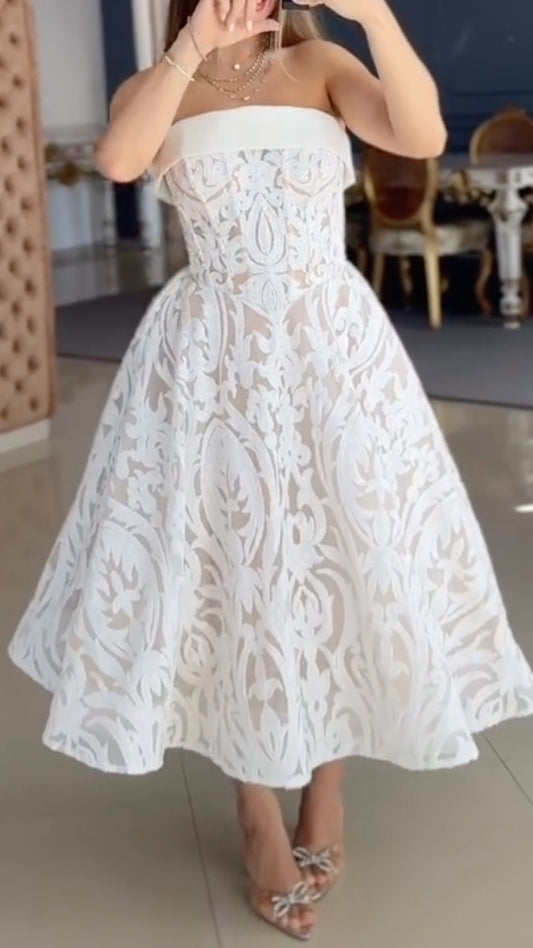 White Strapless Baroque Lace Midi Dress