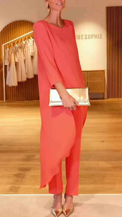 Coral Layered Tunic & Wide Leg Pants Co-Ord Set