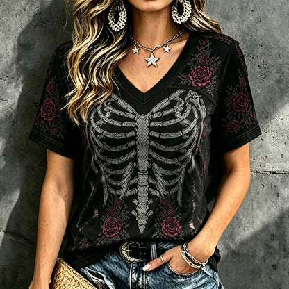 Women's Dark Rose Skull Design Short-sleeve V-neck T-shirt