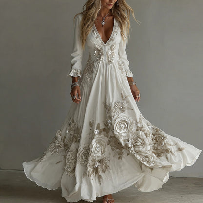 Women's Vintage White Flowers Embroidery Art V-neck Maxi Dress
