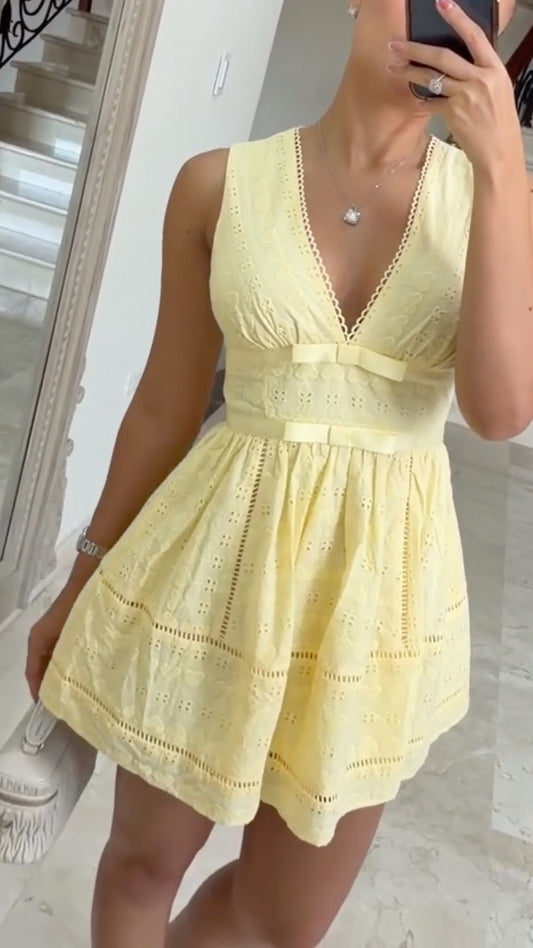 Eyelet Lace Bow-Front Sleeveless Mini Dress
