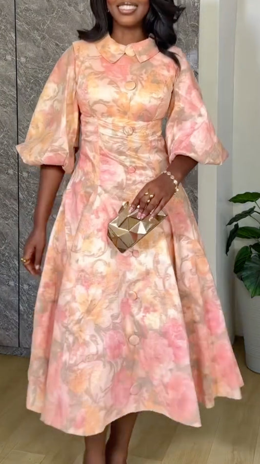 Pink Tie Dye Puff Sleeve Peter Pan Collar Button Front A-Line Midi Dress