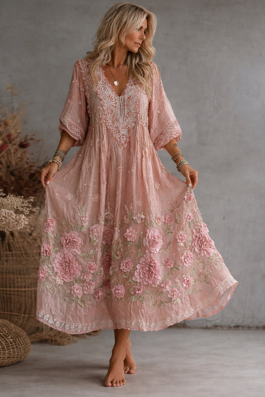 Pink 3D Embroidered Lace V-Neck Long Dress