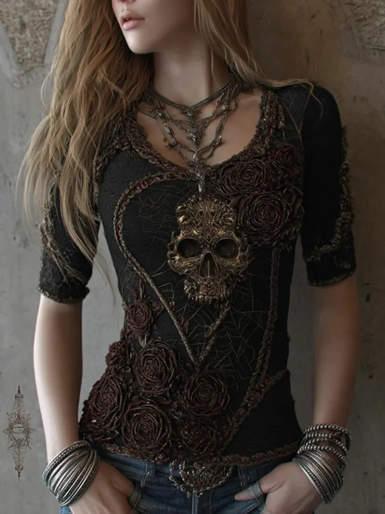 Women's Vintage Skull And Rose Lace Art V-neck Short Sleeve Top