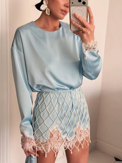 Satin & Lace Paneled Dress with Pearl-Embellished Mesh Belt — Two-Piece Set
