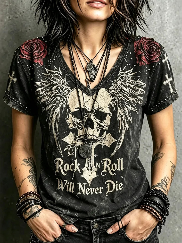 Women's Dark Rose Skull Wings Spiderweb Design Short-sleeve V-neck T-shirt