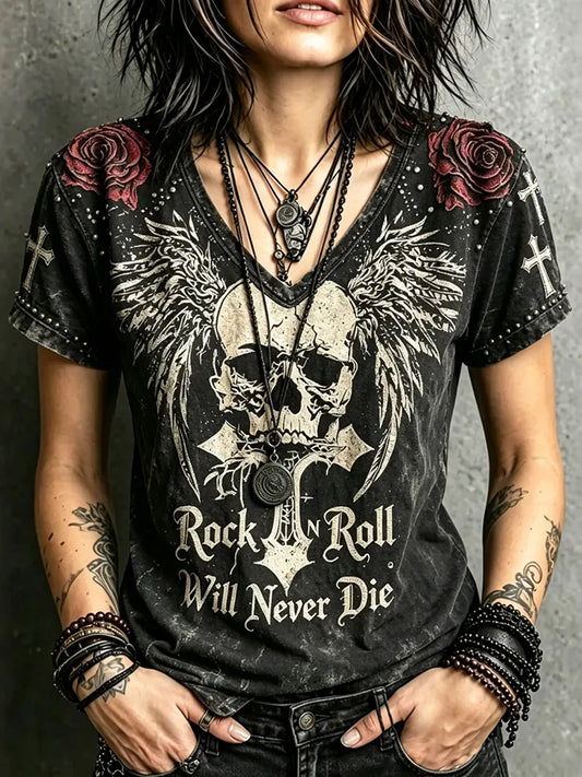 Women's Dark Rose Skull Wings Spiderweb Design Short-sleeve V-neck T-shirt