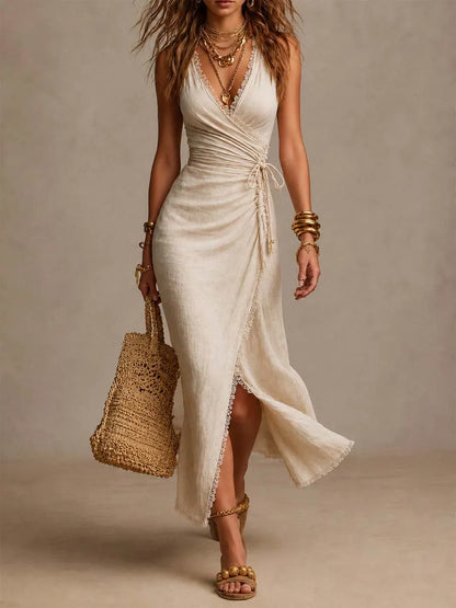 Beige faux-linen wrap maxi dress with lace trim