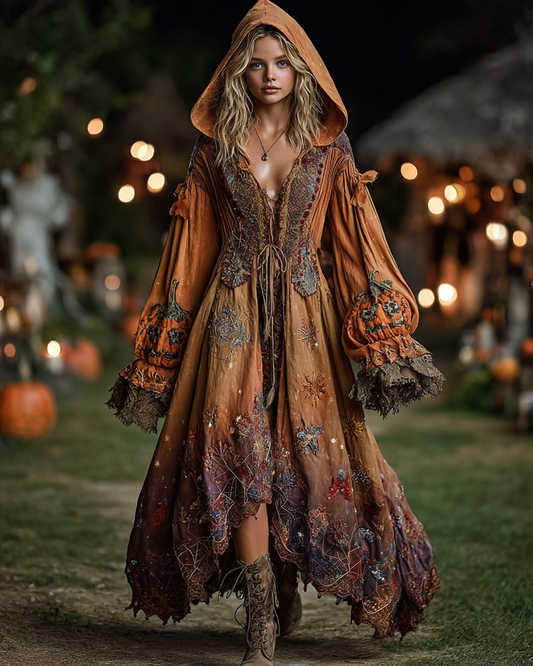 Halloween Theme Ombre Pumpkin Spiderweb Embroidery Ruffle Hooded Dress 9191