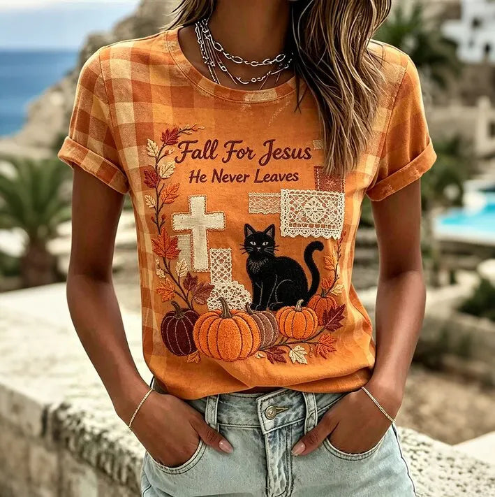 Fall For Jesus He Never Leaves Halloween Cat Patch Casual T-shirt.