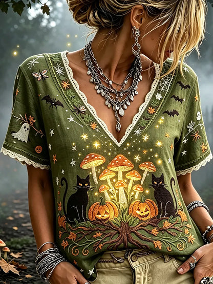 Women's Halloween Black Cat, Pumpkin, And Mushroom Print Short Sleeve T-shirt