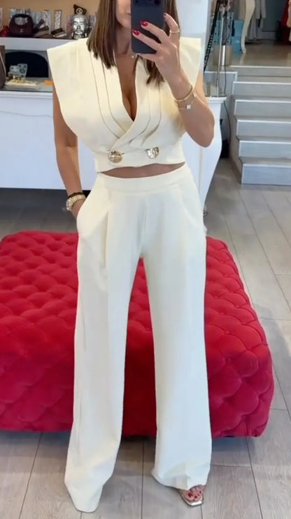 Women's V-Neck Crop Top Fashion Casual Suit