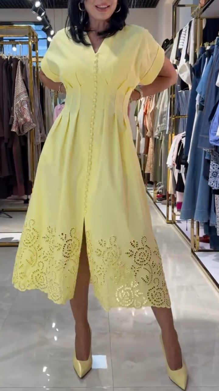 Yellow Button-Front Eyelet Hem Midi Dress