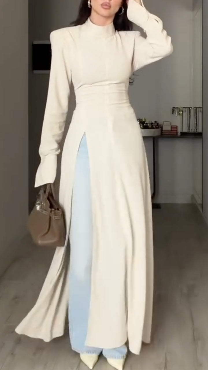 Beige Structured High-Neck Maxi Tunic
