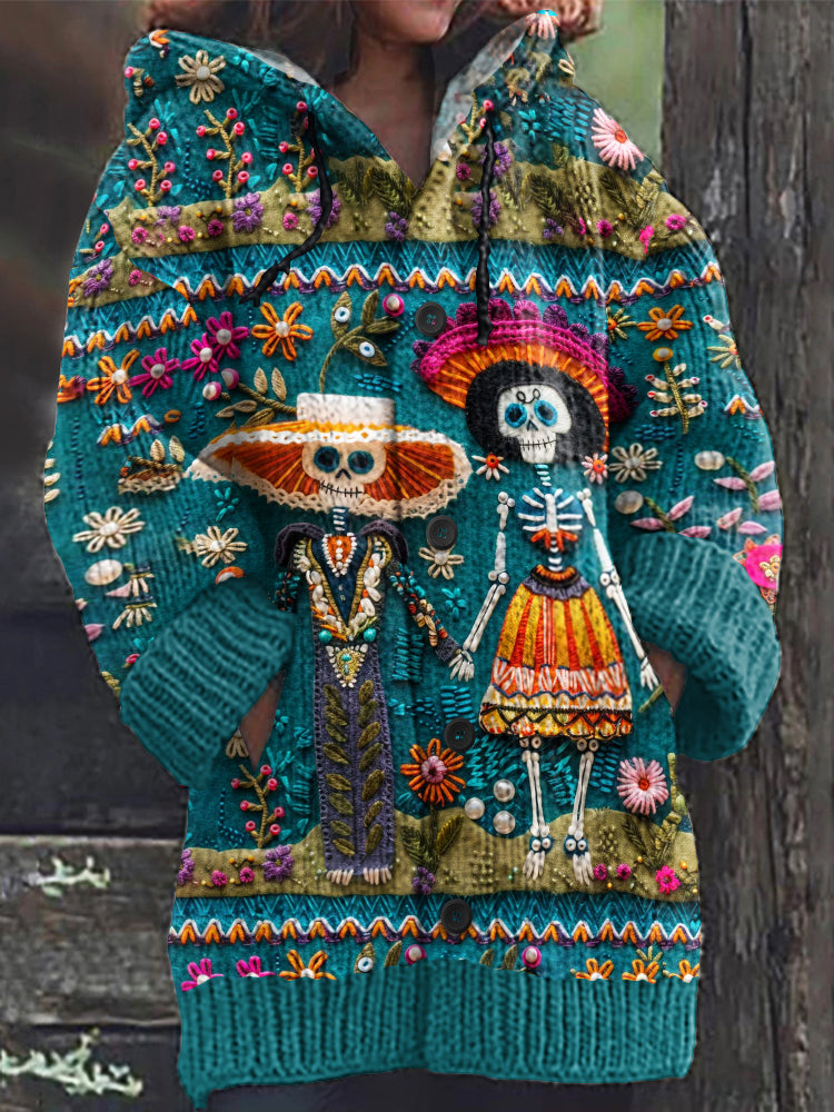 Vintage Mexican Catrina Day Of The Dead Sugar Skeleton Couple Inspired Print Women's Sweater