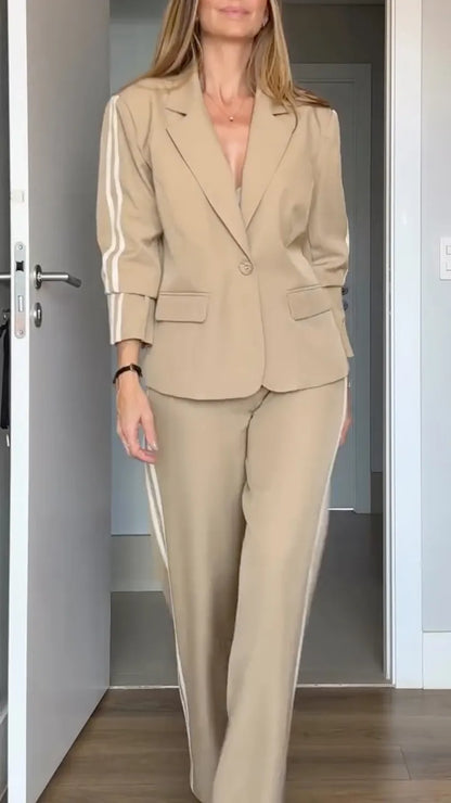 Khaki Striped Blazer Pants Set