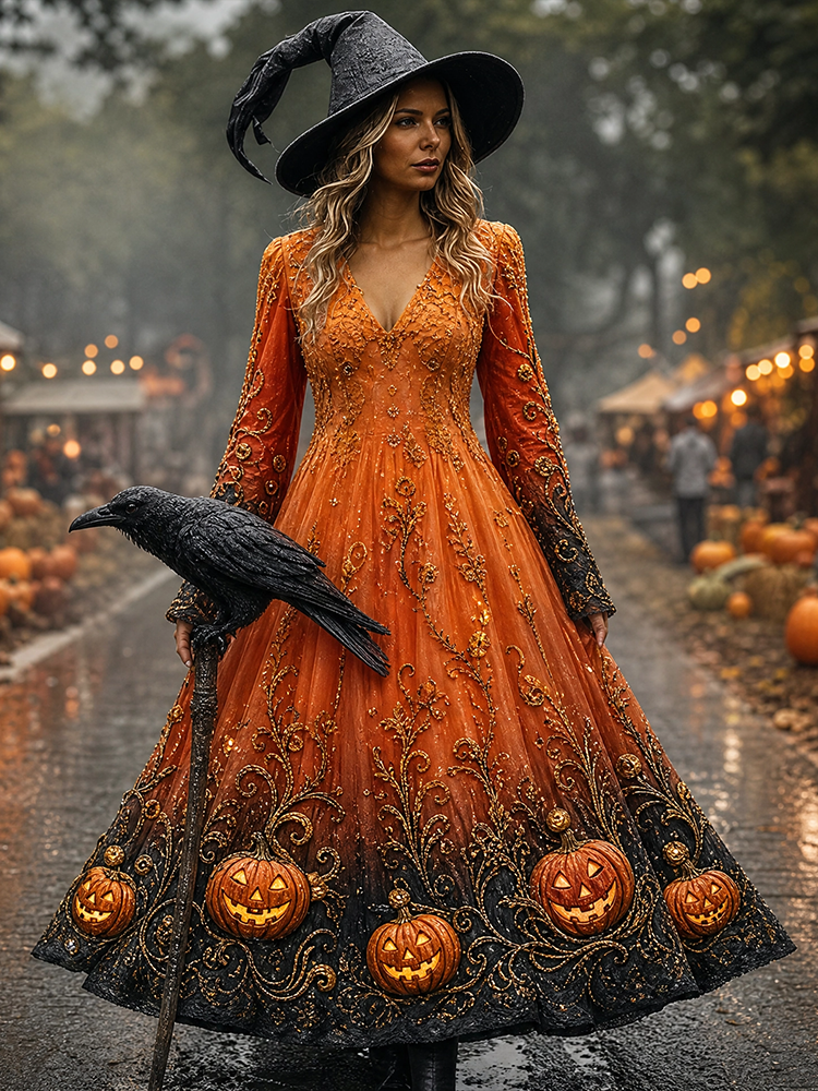 Women’s Pumpkin Embroidered Halloween Party Maxi Dress