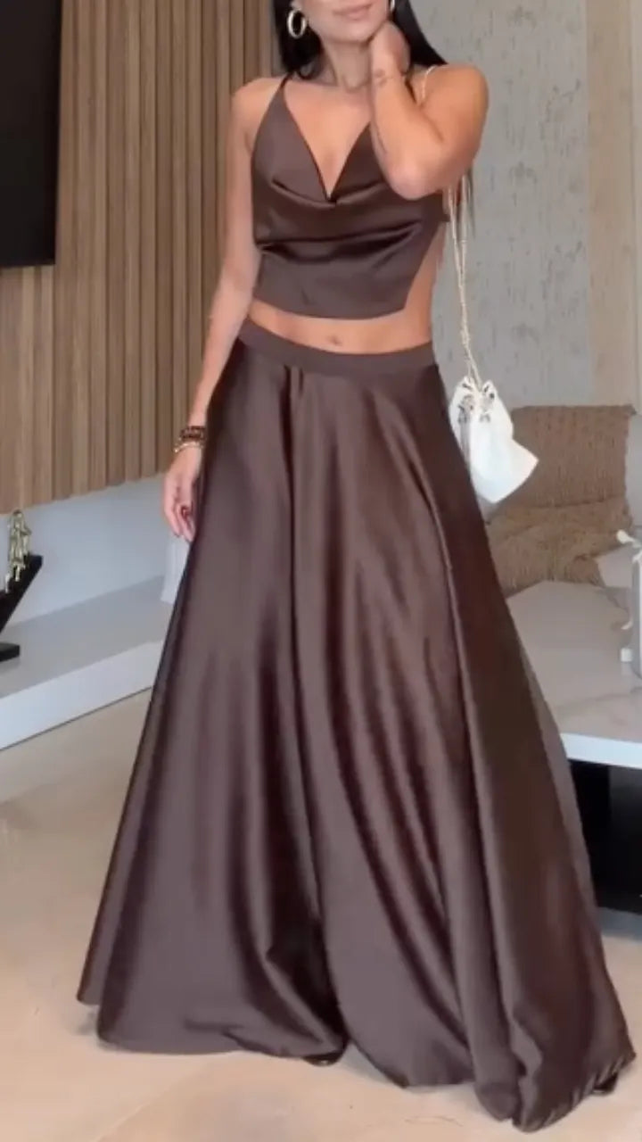 Brown Satin Halter Crop Top & Maxi Skirt Set