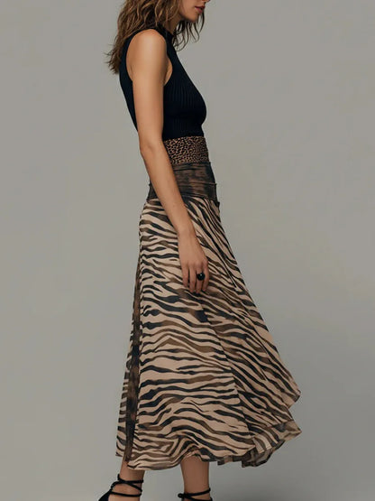 Vintage Zebra Print Patchwork Sleeveless Midi Dress