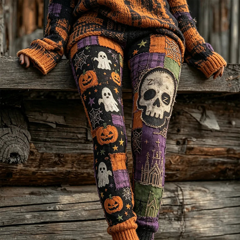 Halloween Stitched Skull Color-block Patchwork Comfortable Knit Leggings
