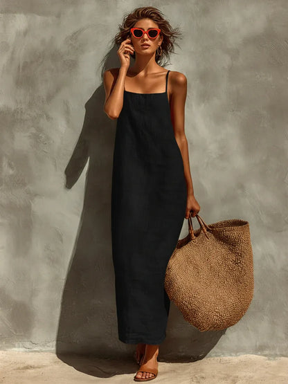 Red Faux Linen Suspender Square Neck Maxi Dress