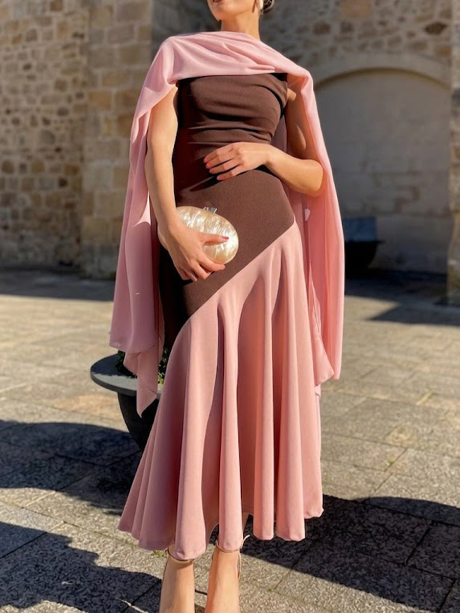 Stylish And Elegant Three-piece Set Featuring A Chiffon Cardigan, A Color-blocked Sleeveless Dress, And A Chiffon Shawl.
