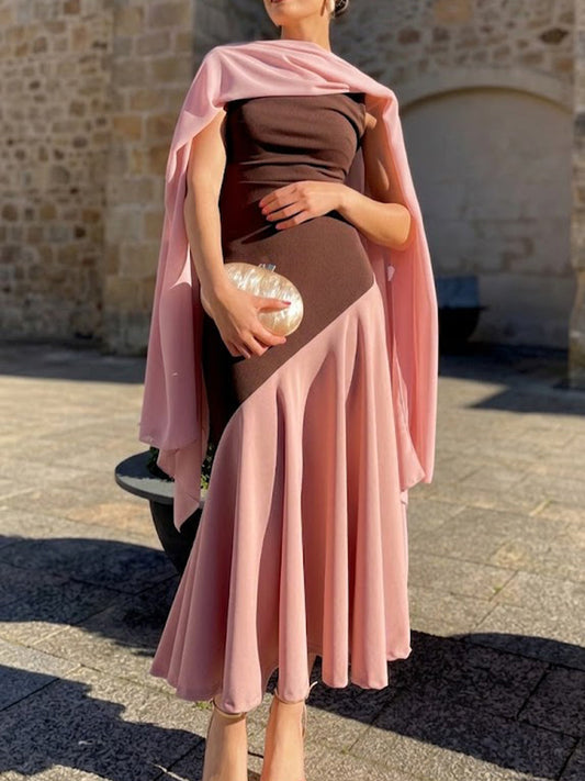 Stylish And Elegant Three-piece Set Featuring A Chiffon Cardigan, A Color-blocked Sleeveless Dress, And A Chiffon Shawl.
