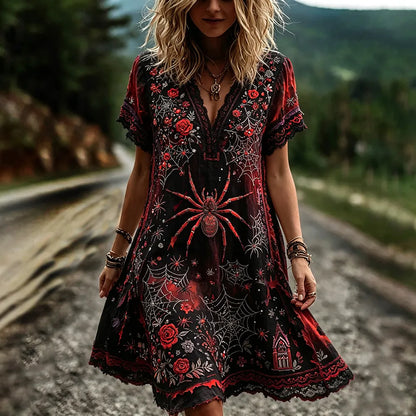 Vintage Halloween Spider And Rose Rhinestone V-neck Short Sleeve Dress