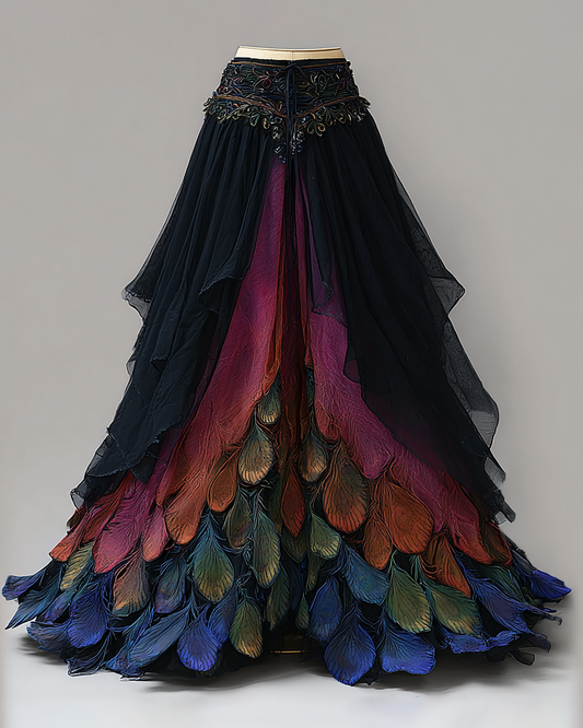 Elegant Patchwork Ruffle Peacock Skirt  66cf