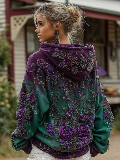 Women's Retro Purple Rose Gradient Pattern Casual Hoodie