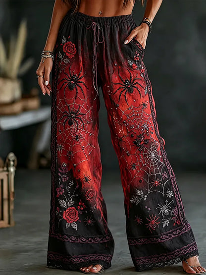 Women's Vintage Halloween Spider And Rose Art Gradient Distressed Cotton Linen Casual Pants
