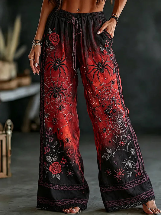 Women's Vintage Halloween Spider And Rose Art Gradient Distressed Cotton Linen Casual Pants