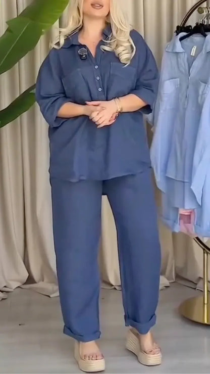 Blue Linen-Blend Button-Down Shirt & Pants Set