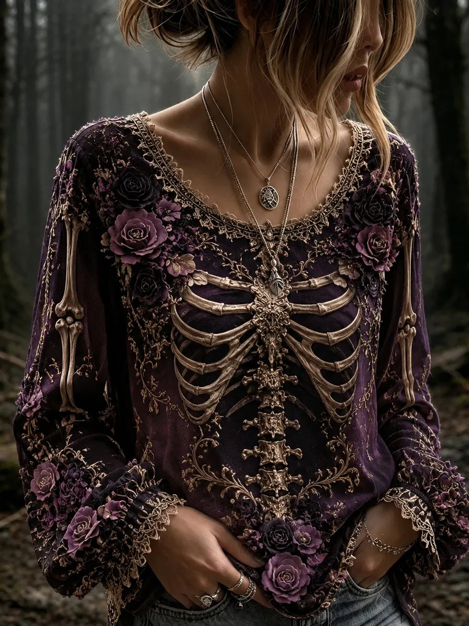 Women's Vintage Halloween Rose And Human Skeleton Art Graphic Long Sleeve T-shirt