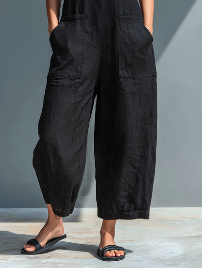 Women's V-Neck Solid Color Cotton And Linen Casual Jumpsuit Leggings